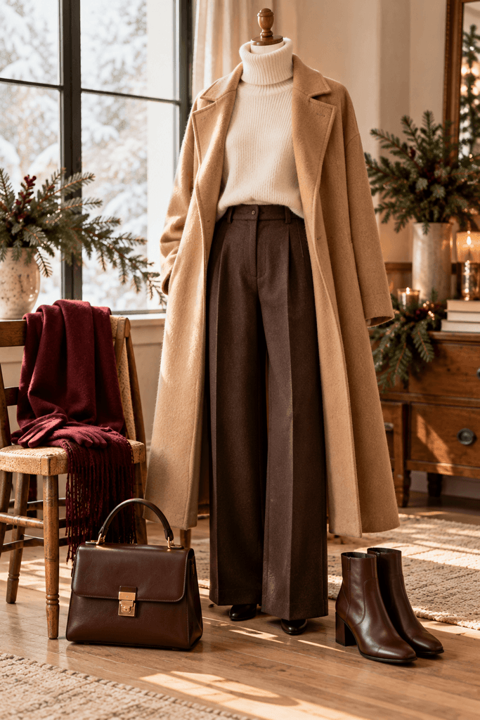 Christmas ensemble on a minimalist headless mannequin ivory fine-knit turtleneck, tailored dark brown trousers and open camel wool coat, with burgundy cashmere scarf draped over a nearby wooden chair