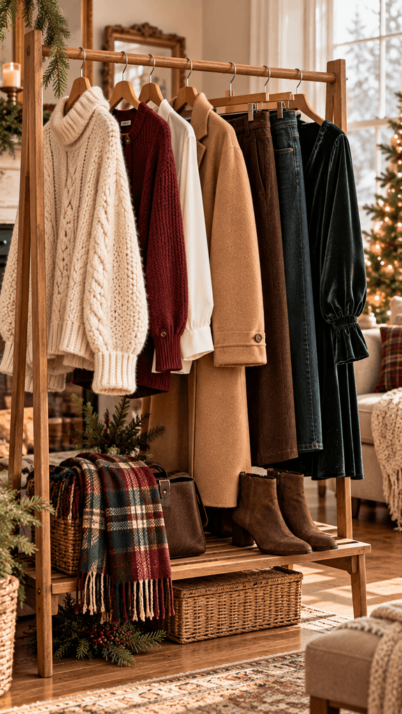 Christmas winter capsule wardrobe on an open natural oak clothing rack ivory chunky sweater, cranberry fine-knit cardigan, camel wool coat, chocolate trousers, dark denim, and one forest-green velvet garment