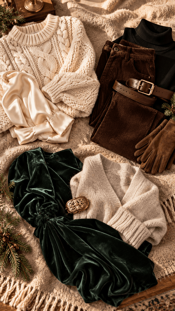 Christmas winter outfit textures arranged in separate loose groupings on a warm beige wool blanket ivory chunky knit with cream satin, chocolate corduroy with black fine-knit fabric, and forest-green velvet with oatmeal wool