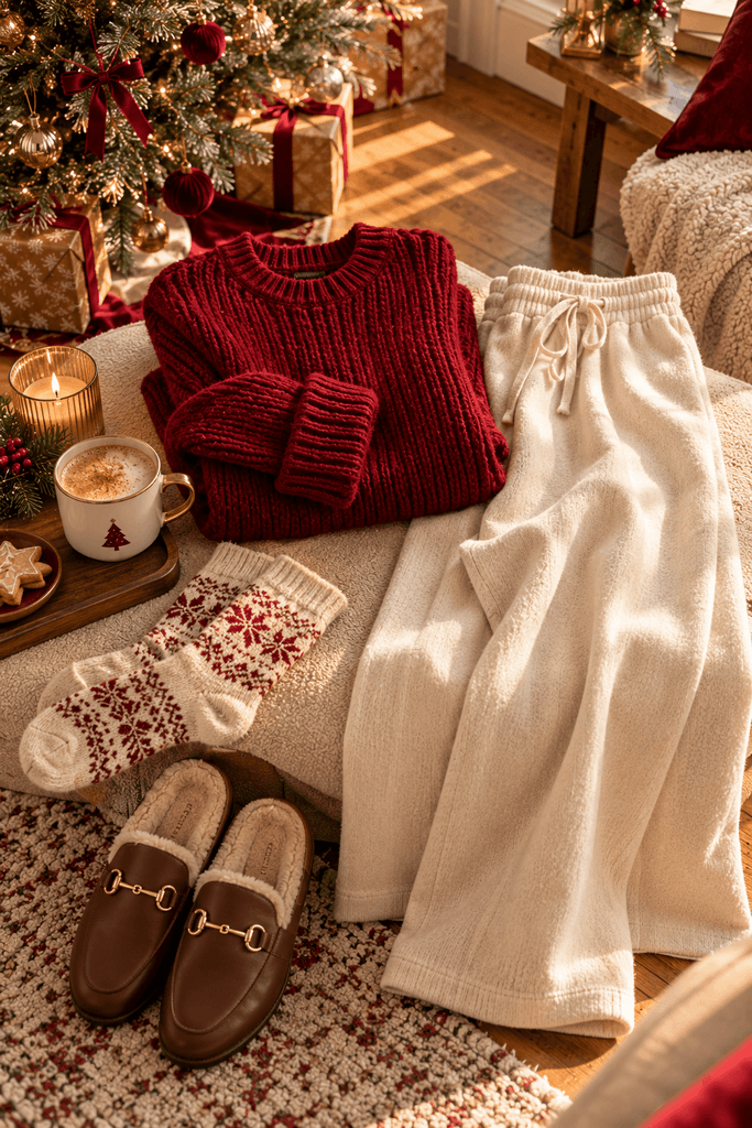 a cozy red knit sweater folded with cream wide-leg lounge pants, wool socks, leather slippers, and a small coffee cup beside a decorated Christmas tree, warm natural morning light, no person