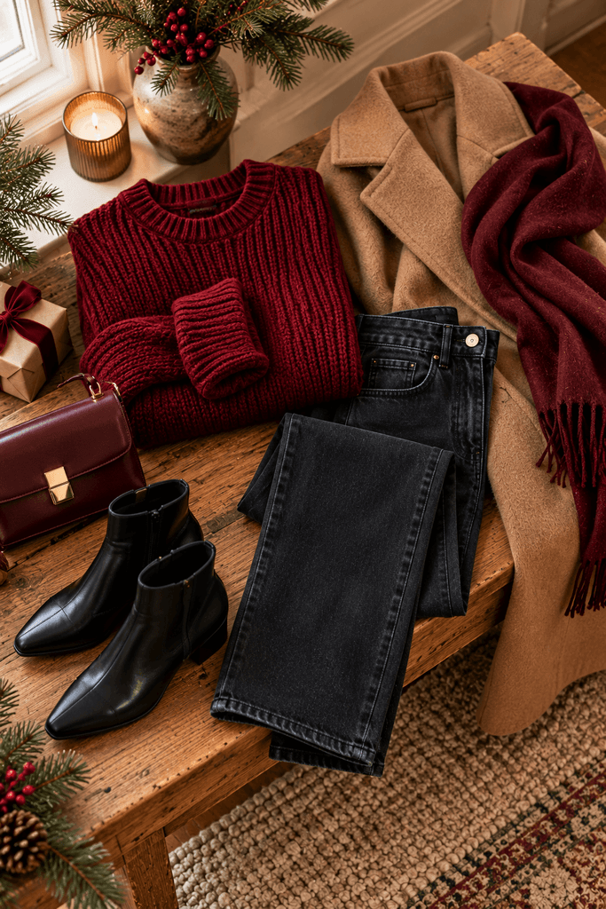 a deep red chunky knit sweater folded beside dark straight-leg jeans, black ankle boots, a camel wool coat and a burgundy scarf on a rustic wooden bench, soft winter daylight, no person
