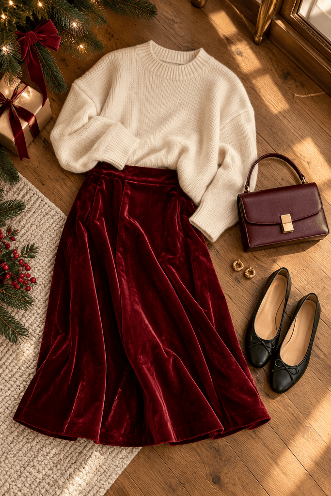 a flat-lay of a modern red Christmas outfit with a deep red velvet midi skirt, cream knit sweater, black leather flats, small gold earrings, and a burgundy handbag on a warm wooden floor, natural window light, no person, no mannequin, editorial lifestyle photography