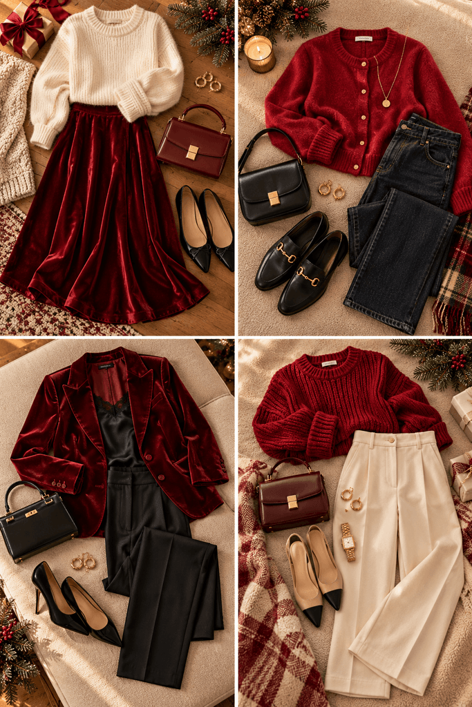 a four-outfit flat-lay collage showing a red velvet skirt with cream sweater, red cardigan with dark denim, burgundy blazer with black trousers, and red knit sweater with tailored cream pants, each arranged separately on neutral surfaces, no people, realistic editorial photography