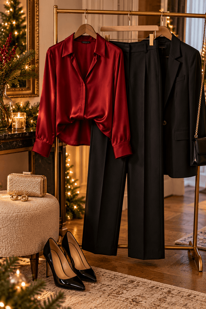 a red satin blouse draped over a tailored black trouser outfit on a clothing rack with pointed black heels a small metallic clutch and delicate gold earrings nearby