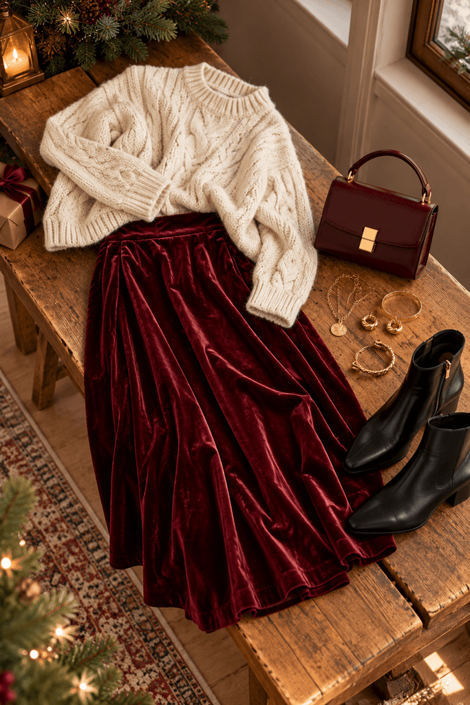 a red velvet midi skirt paired with a soft ivory cable-knit sweater, gold jewelry, black ankle boots and a small burgundy handbag arranged on a wooden bench, no person, no mannequin, realistic winter editorial photography