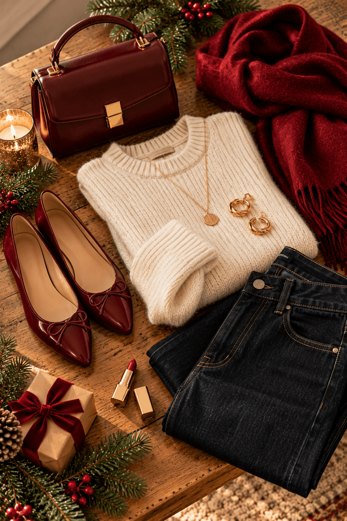 a styling flat-lay showing three red accessories — a burgundy handbag, red ballet flats and a deep red scarf — arranged with cream knitwear, dark denim and gold jewelry, natural wood surface, no person