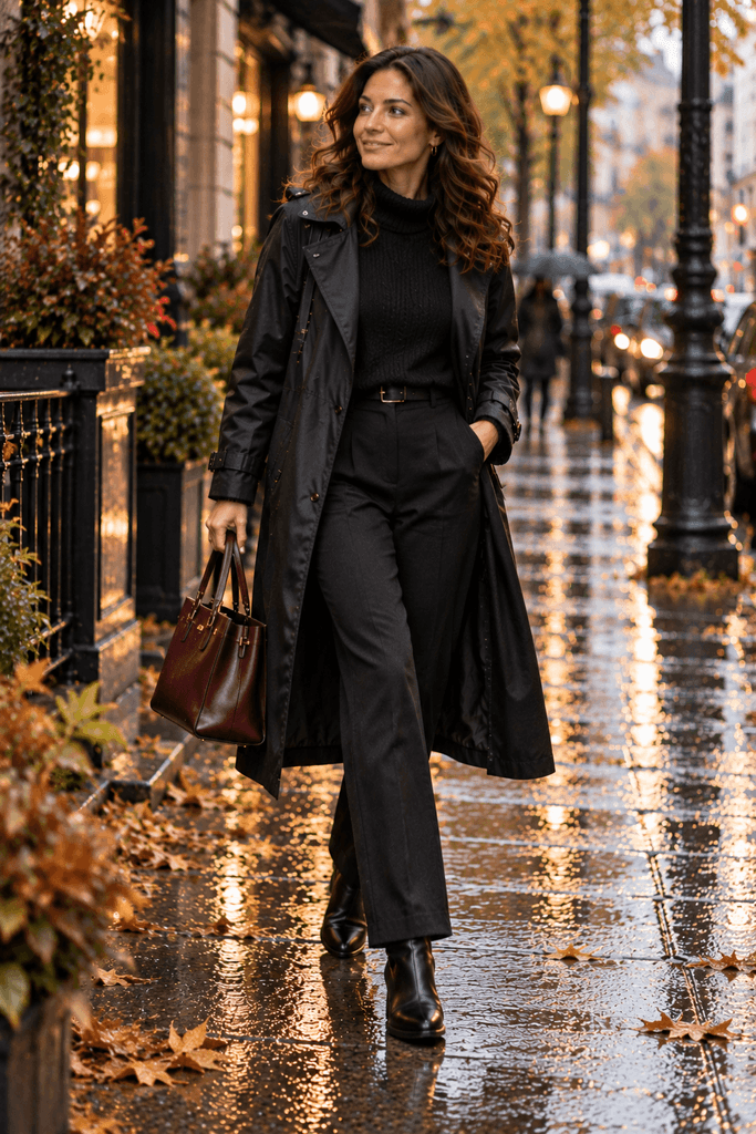 all black rainy fall outfit with black trousers black knit sweater black ankle boots and a deep burgundy handbag woman walking through a rainy city street
