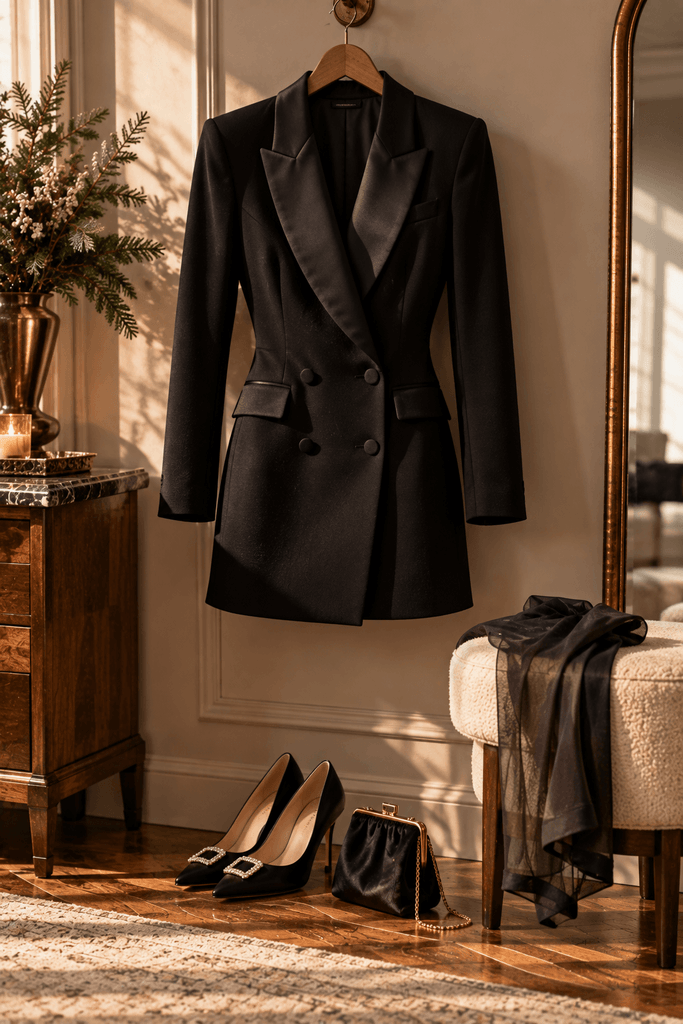 black tuxedo blazer dress hanging on a matte wooden hanger against a warm greige wall