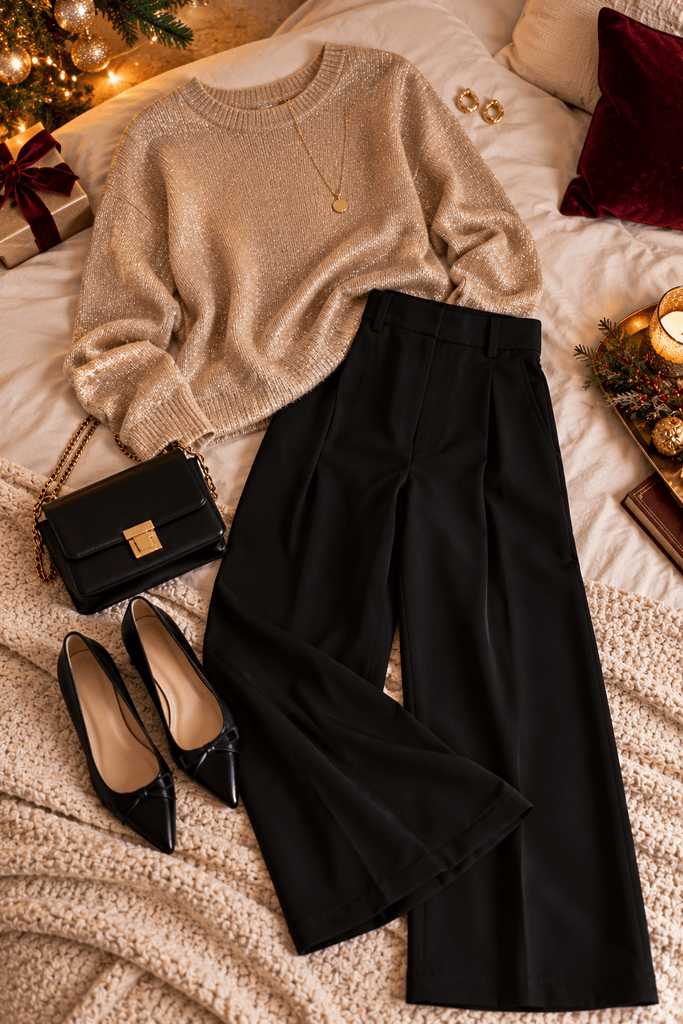black wide-leg trousers with a subtle champagne metallic knit sweater, pointed flats, simple jewelry, softly lit festive interior