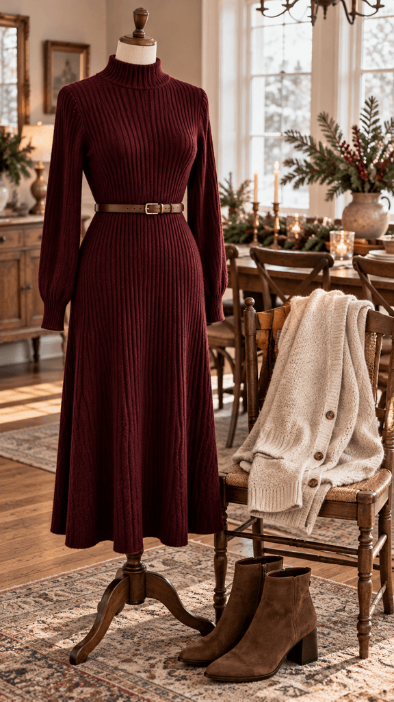 burgundy ribbed knit midi dress on a faceless cream fabric dress form, styled with a narrow brown leather belt, folded oatmeal cardigan on a nearby antique wooden chair, and chocolate suede ankle boots on the floor