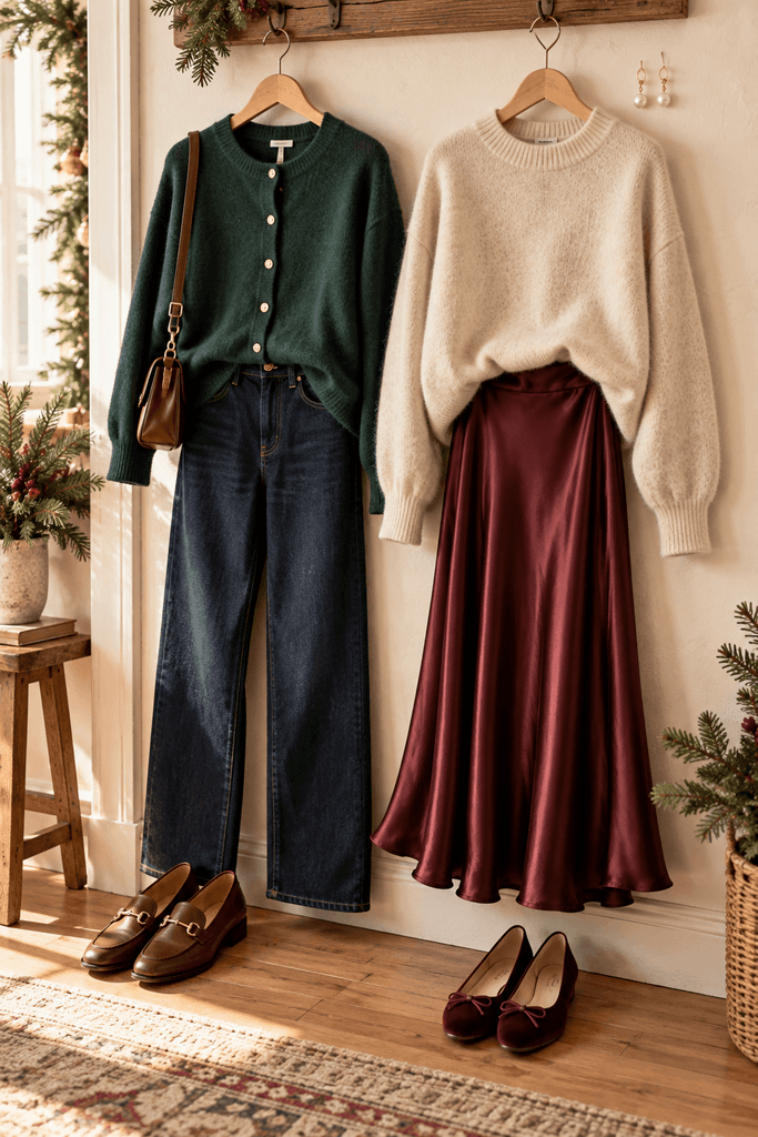 charcoal gray fine-knit matching sweater and wide-leg pants set folded casually on an oatmeal linen duvet, with a silk scarf