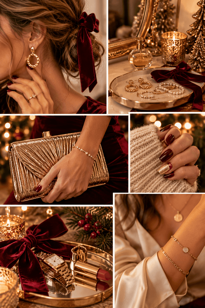 close up editorial collage of realistic holiday accessories on a womans hand and dressing table gold earrings