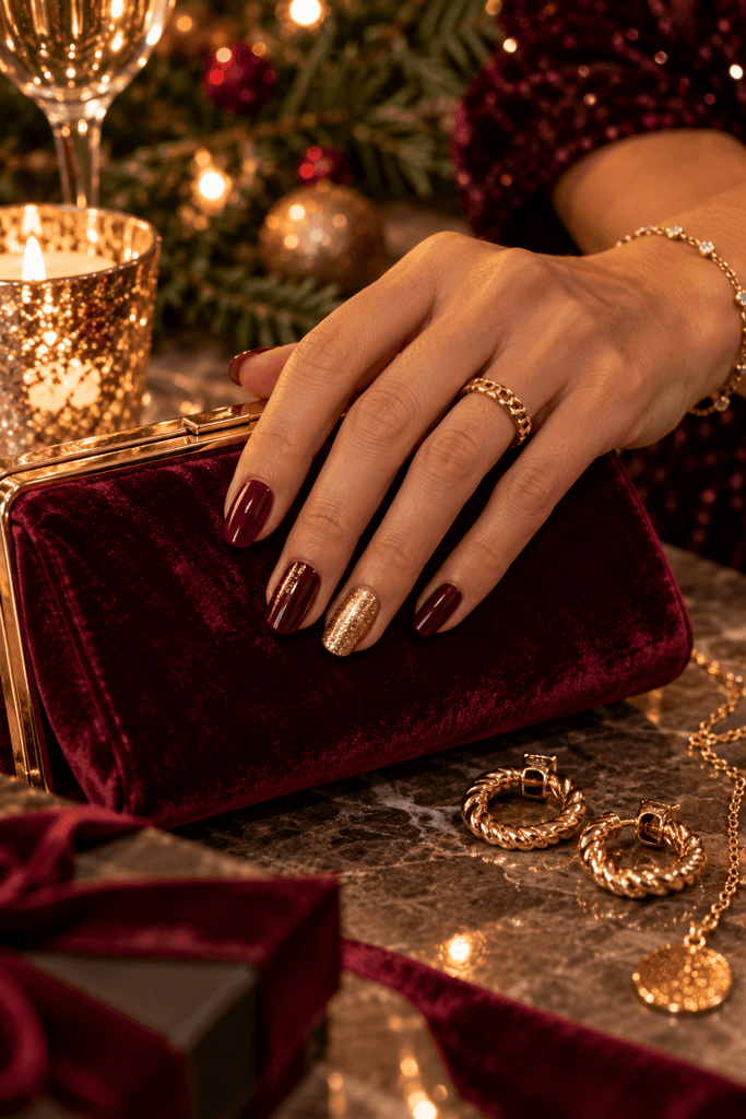 close-up of a woman's hand wearing a simple elegant burgundy and gold holiday manicure beside a velvet clutch and gold jewelry, realistic natural skin texture