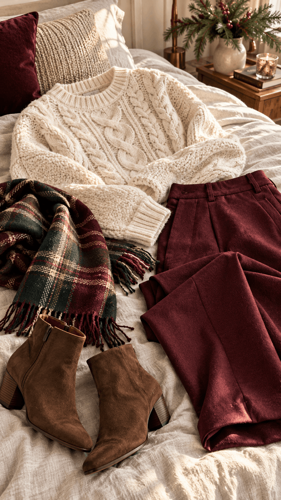 ertical editorial fashion photograph of a cozy Christmas outfit arranged naturally on an oatmeal linen bedspread oversized ivory cable-knit sweater, deep burgundy wool trousers, brown suede ankle boots, and a softly folded plaid scarf