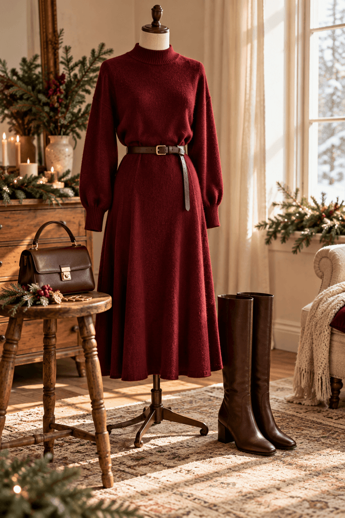 cranberry midi-length knit sweater dress with a narrow dark brown leather belt, paired with tall chocolate leather boots standing beside it