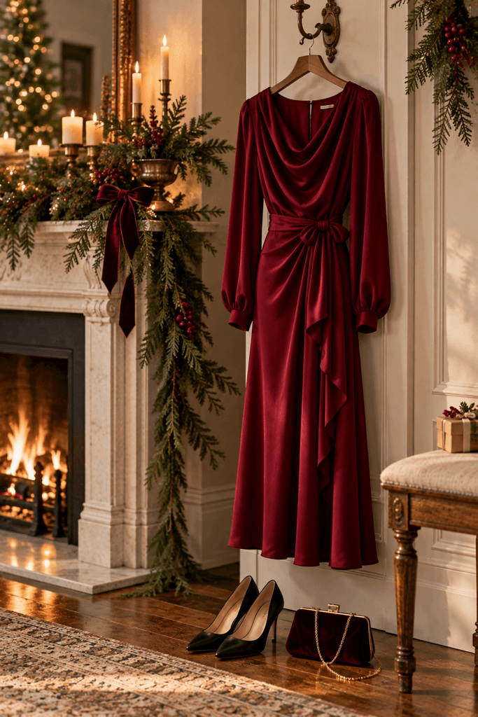 cranberry red midi dress hanging from an antique brass hook near a softly decorated Christmas fireplace