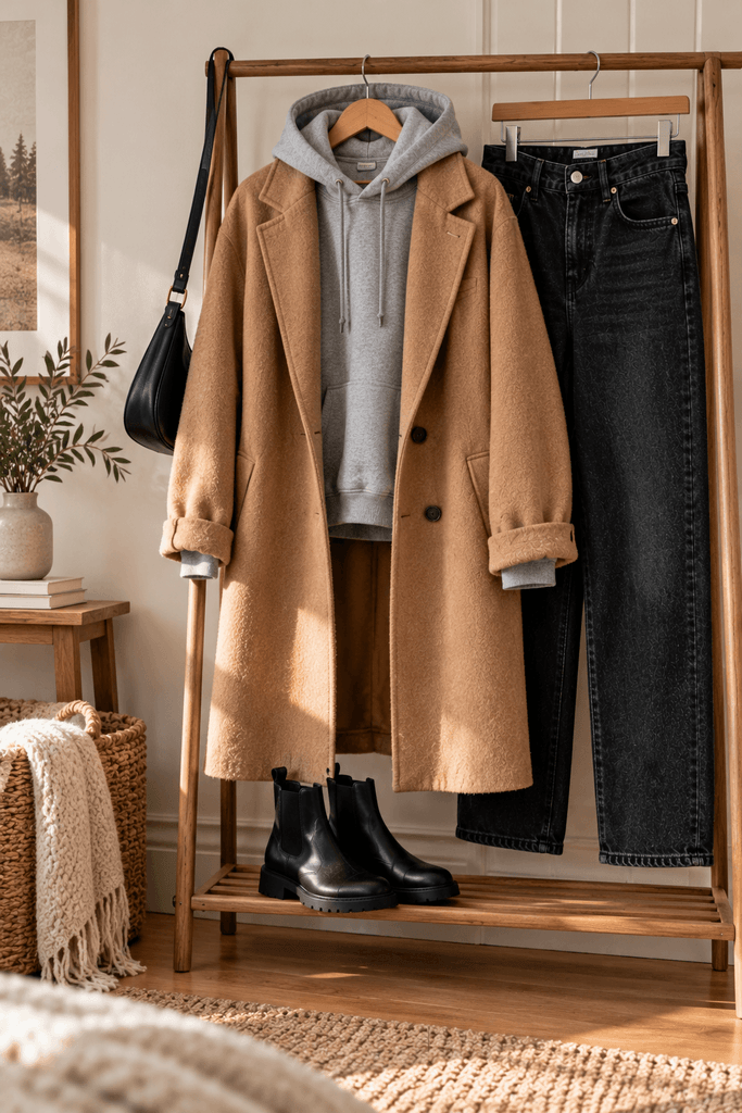 cream sweater, dark midi skirt, and tall brown boots arranged on a linen-covered bed