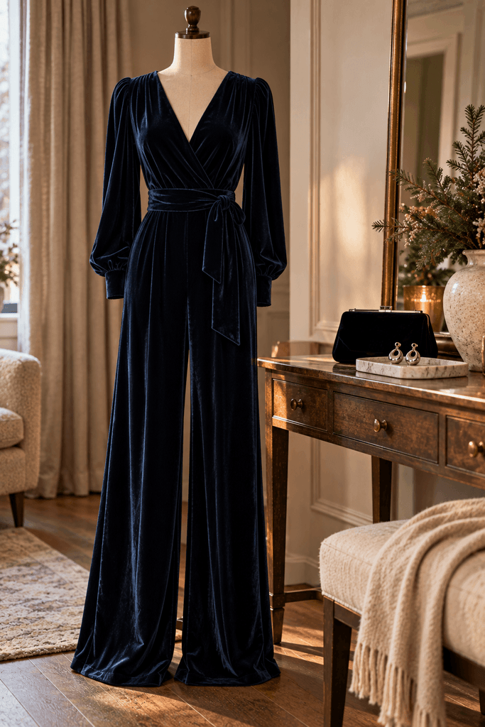 deep midnight navy velvet wide-leg jumpsuit displayed on a faceless torso mannequin, simple silver earrings and black evening clutch