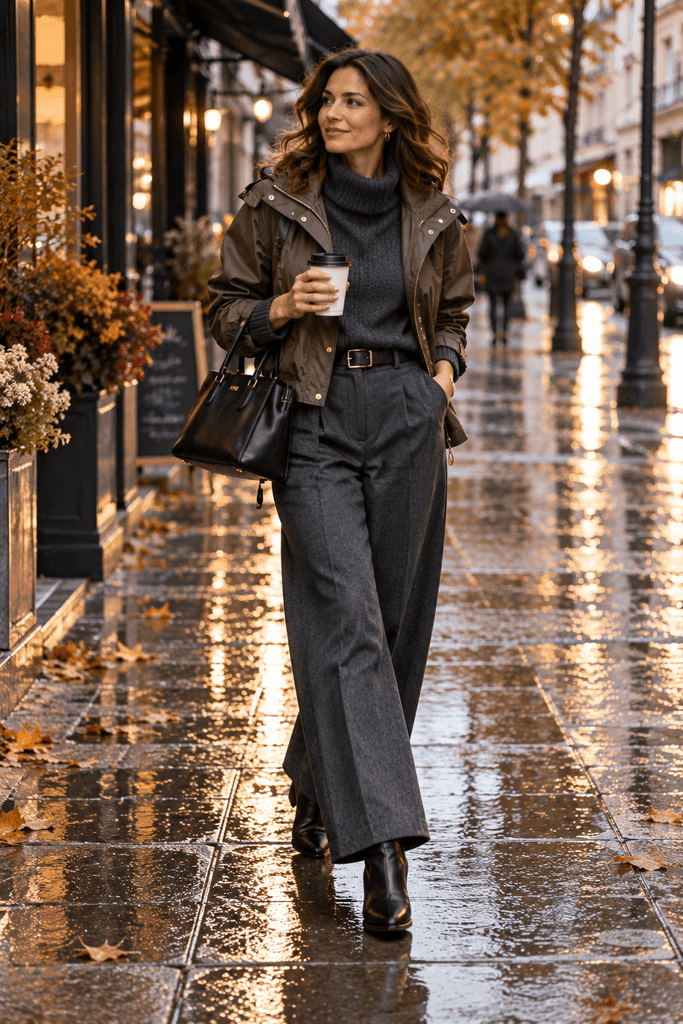 editorial fall street-style outfit with cropped waterproof jacket, charcoal wide-leg trousers, leather ankle boots and a structured handbag, woman walking after light rain
