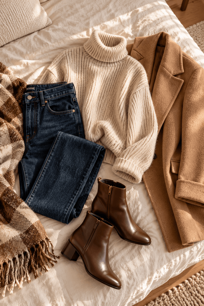 flat lay of dark jeans, an oatmeal turtleneck, brown ankle boots, and a folded camel coat on a cream linen bed