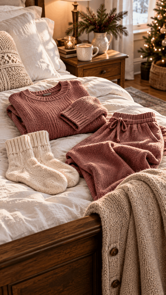 folded dusty rose knit lounge set and thick cream socks resting casually on an unmade white linen bed, with a soft oatmeal cardigan draped over the footboard