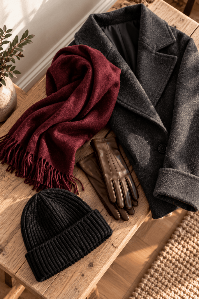 gray hoodie beneath a camel coat on a simple clothing rack, with dark jeans and black boots below