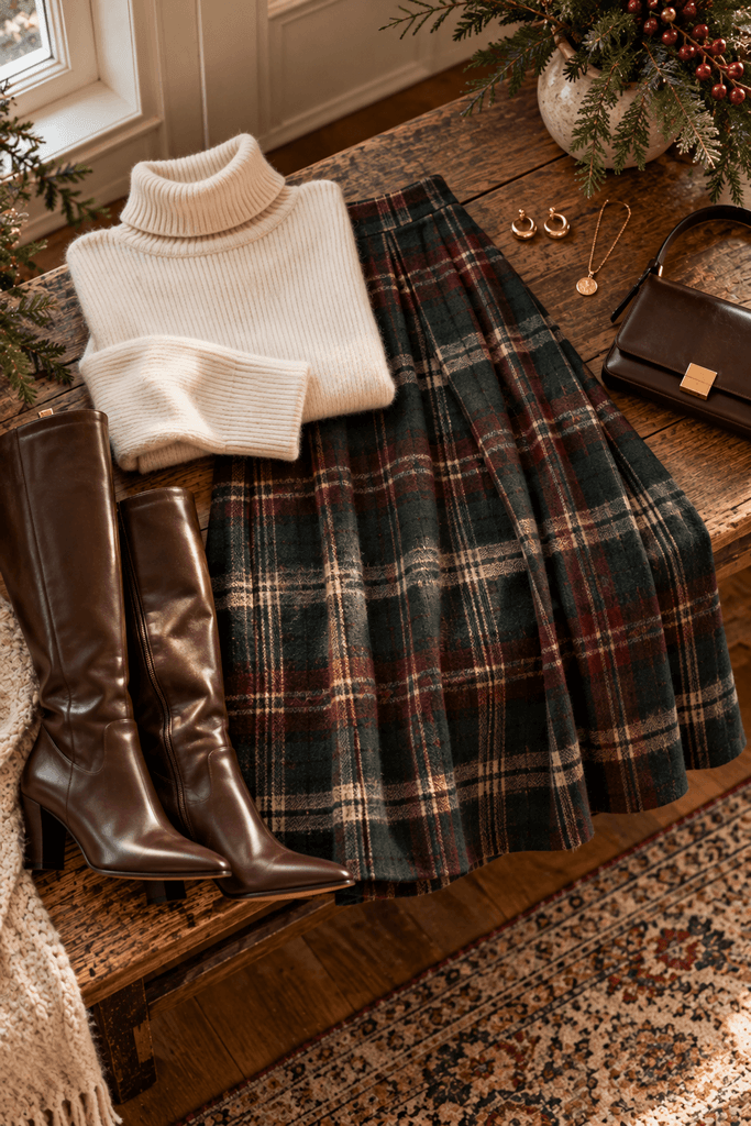 holiday fashion photograph of a forest green and muted burgundy plaid midi skirt spread on a vintage wooden bench