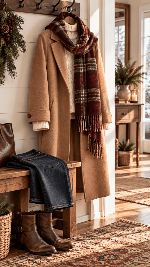 long camel wool coat hanging from a dark wooden wall hook, layered over a cream knit sweater, with a burgundy plaid scarf loosely draped across the collar
