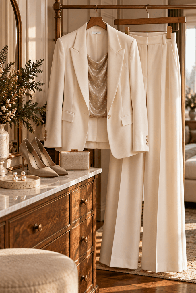 luxury fashion editorial still life of an ivory tailored women's pantsuit hanging from a wooden wardrobe rail
