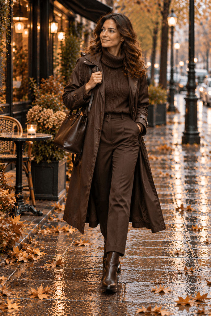 monochromatic chocolate brown fall outfit with leather boots knit sweater tailored trousers and a water resistant coat natural overcast outdoor lighting 1