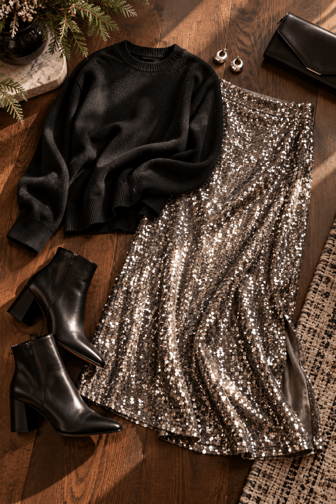muted pewter sequin midi skirt beside a fine black merino sweater, simple black ankle boots and small silver earrings