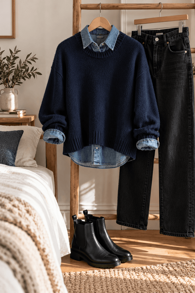 navy sweater layered over a denim shirt on a wooden hanger, beside black jeans and leather boots