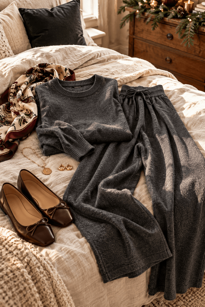 forest green fine-knit cardigan, dark straight-leg denim and brown leather loafers arranged below