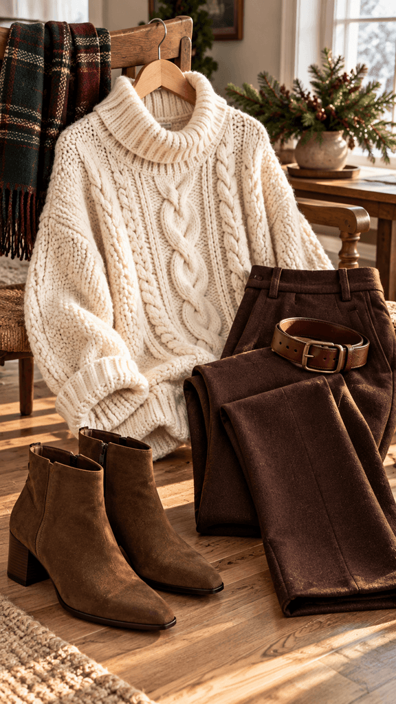 oversized cream cable-knit turtleneck sweater displayed on a simple wooden hanger beside neatly folded chocolate-brown tailored wool trousers, vintage brown leather belt, and suede ankle boots on a natural oak floor.