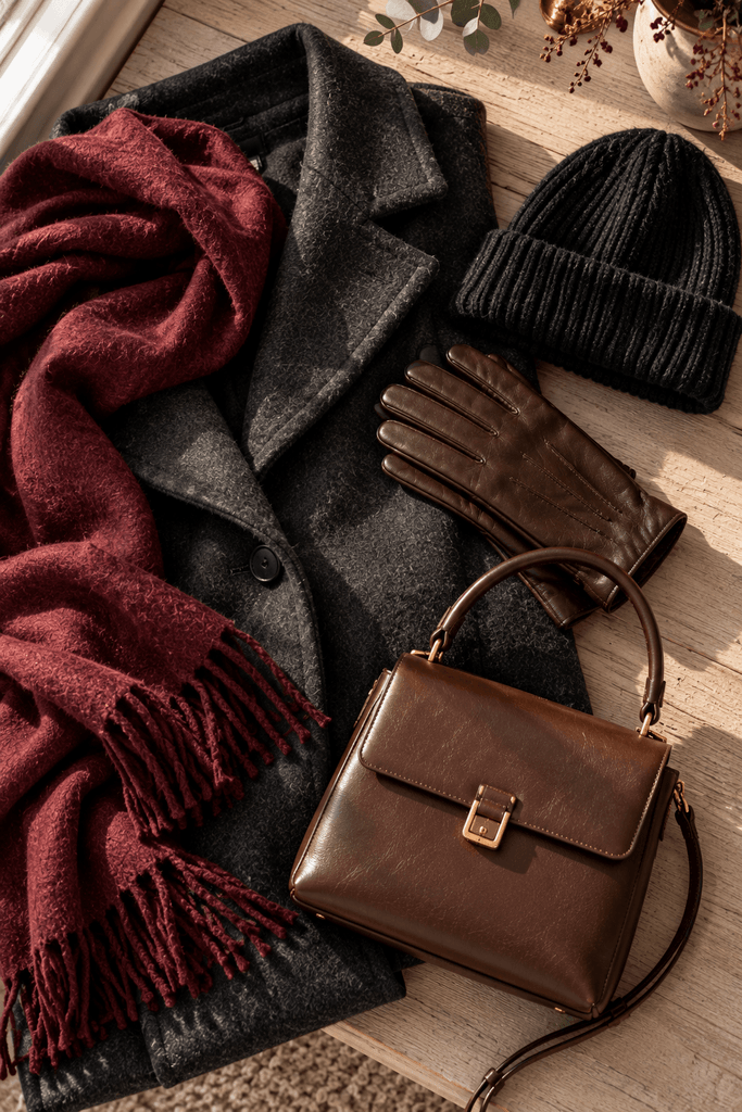 soft burgundy scarf casually draped across one corner, chocolate leather gloves, black ribbed beanie, and a small structured brown leather handbag