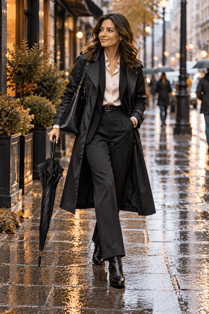 stylish woman commuting to work in a tailored black blazer cream blouse straight trousers and long waterproof coat holding a closed umbrella rainy downtown setting 1