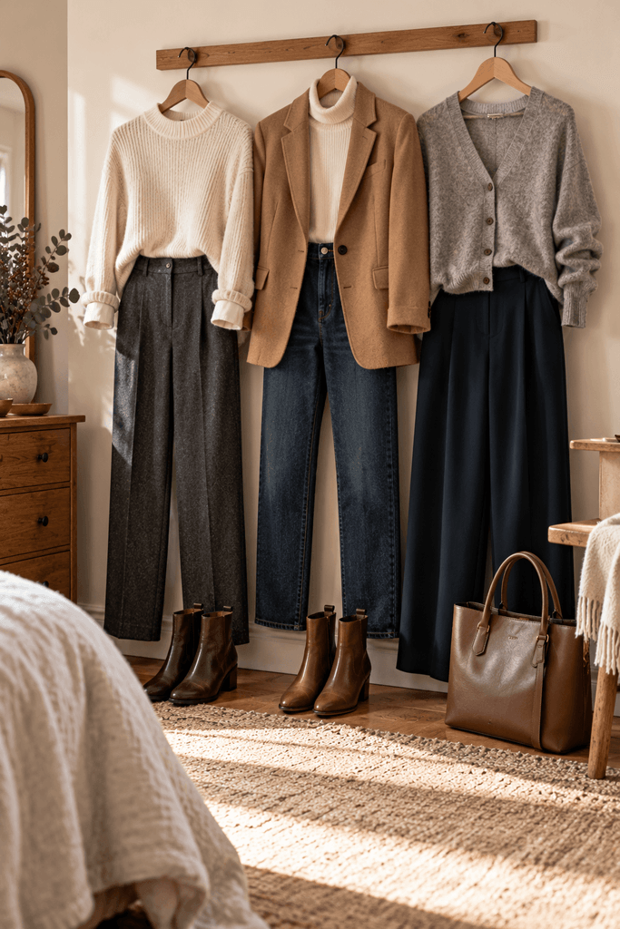 three coordinated winter office outfits
