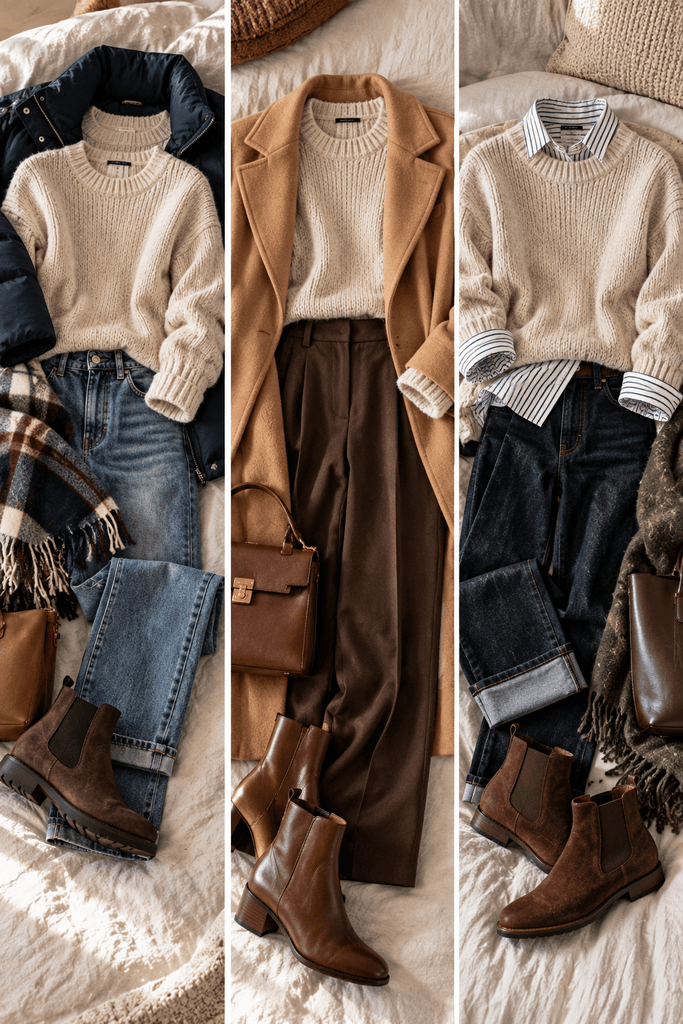 three natural photographic panels showing different outfits built around the same oatmeal crewneck sweater