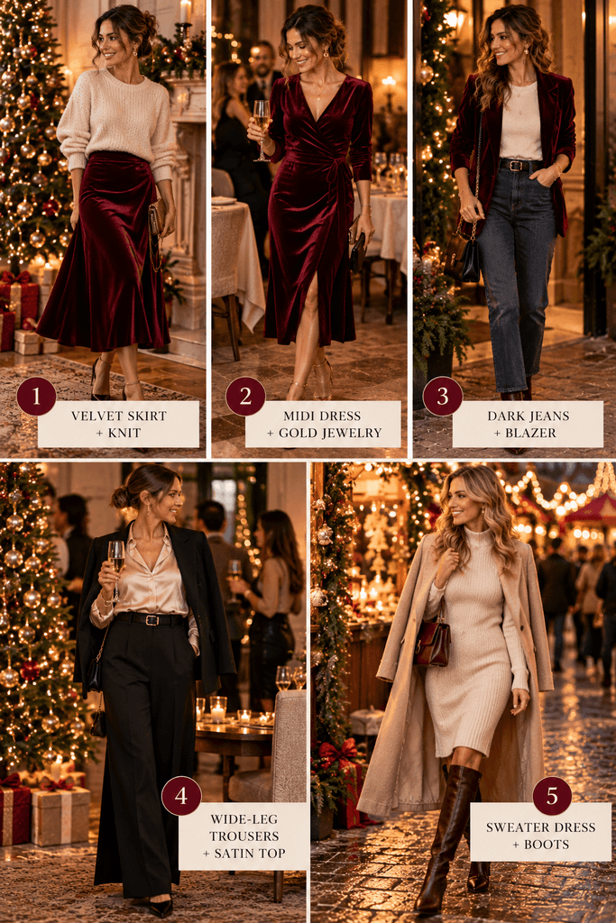 vertical editorial collage of five realistic Christmas party outfit formulas, each shown on a different woman in natural settings, including velvet skirt and knit, midi dress, dark jeans and blazer, wide-leg trousers and satin top, sweater dress and boots