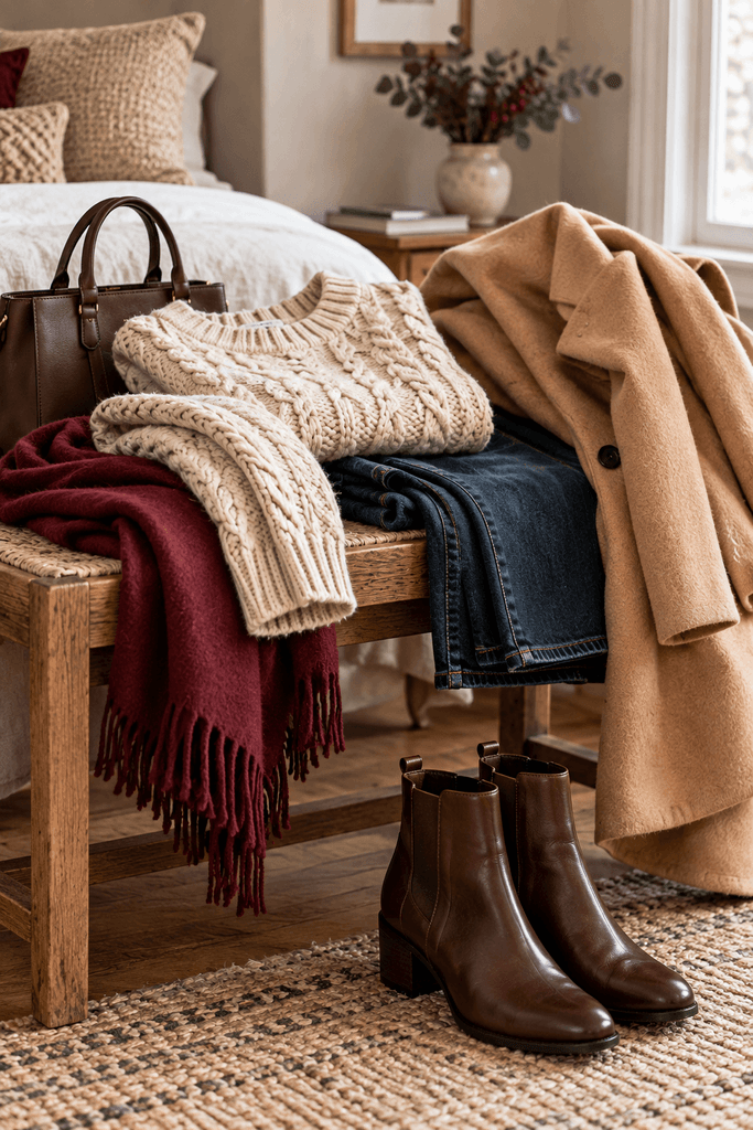 winter outfit arranged across a rumpled natural linen bedspread