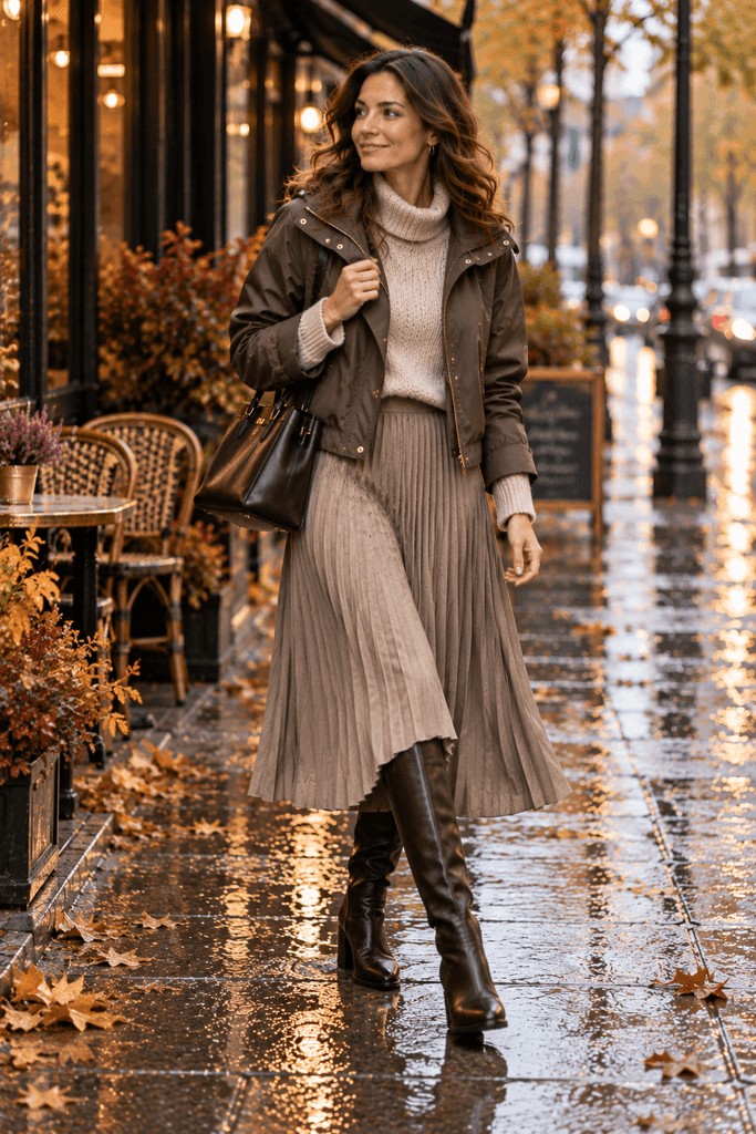 woman in a pleated midi skirt, soft oatmeal sweater, leather knee-high boots and cropped water-resistant jacket, wet autumn sidewalk