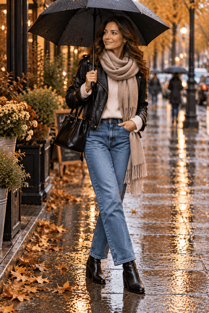 woman in black leather jacket, cream sweater, straight blue jeans, ankle boots and oversized wool scarf, standing under an umbrella on a rainy fall street