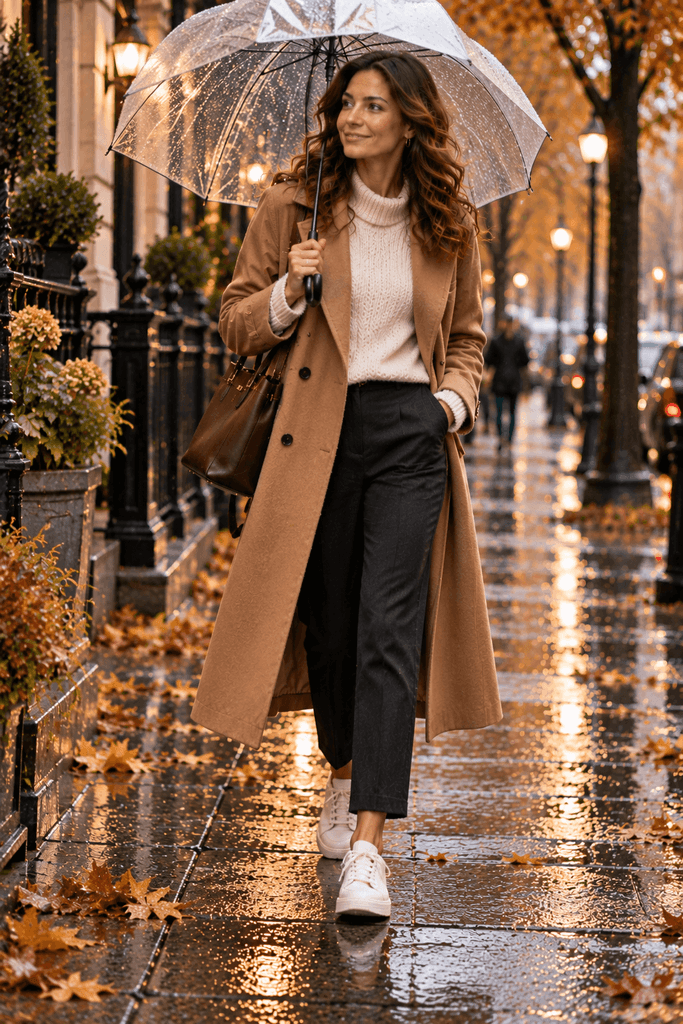 woman in long camel coat, white leather sneakers, cropped straight trousers and knit sweater, walking with a transparent umbrella on a rainy autumn city street, realistic lifestyle photography