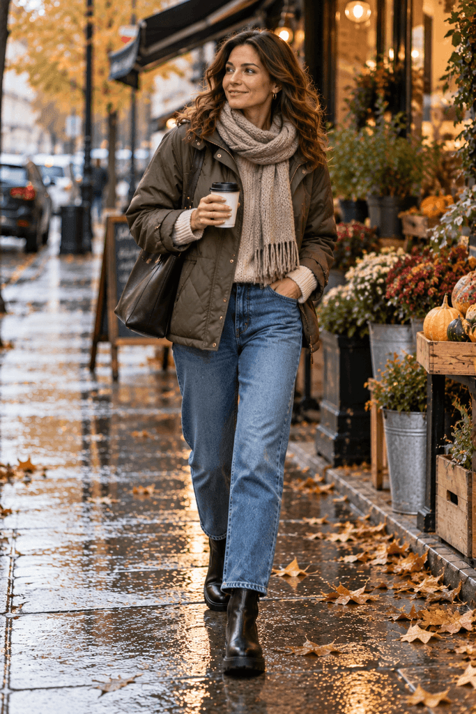 woman running casual weekend errands in a quilted olive jacket relaxed straight jeans waterproof Chelsea boots and a knitted scarf 2