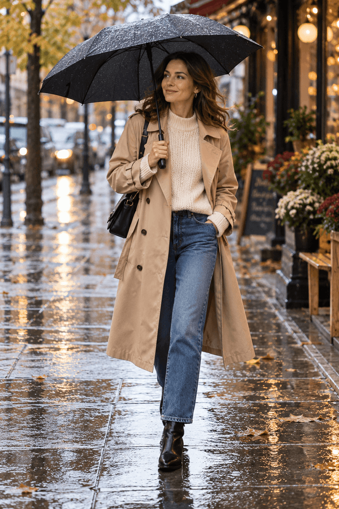 woman walking on a rainy city sidewalk in a classic beige trench coat, cream knit sweater, straight-leg blue jeans and black ankle boots