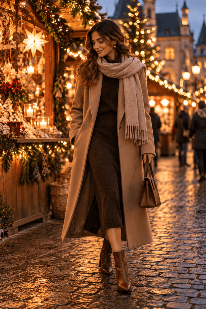 woman wearing a long camel wool coat over a dark knit midi dress, scarf and ankle boots, walking through a European-style Christmas market at dusk, natural candid editorial photography