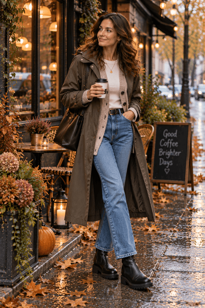 woman wearing dark straight-leg jeans, rust-colored statement sweater, black waterproof ankle boots and a dark rain jacket, walking along a wet residential street