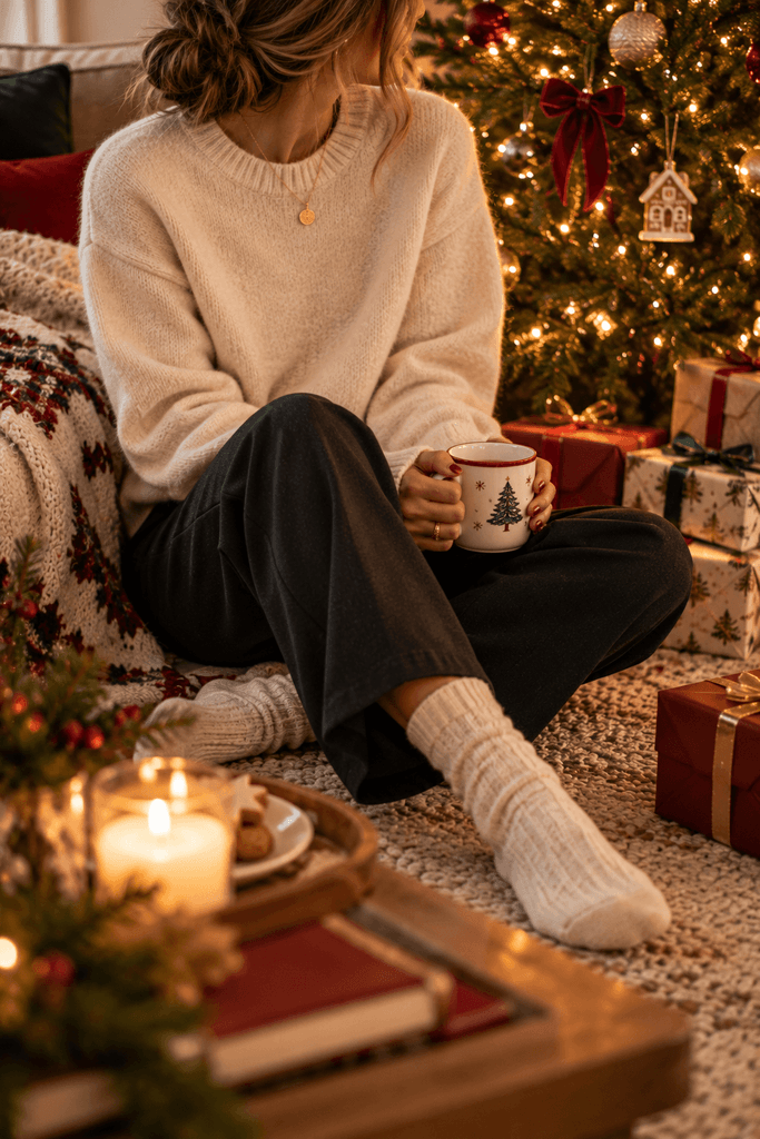 woman without visible face wearing a soft cream or oatmeal sweater with relaxed dark trousers and warm socks, sitting beside a Christmas tree on Christmas morning, natural imperfect home setting