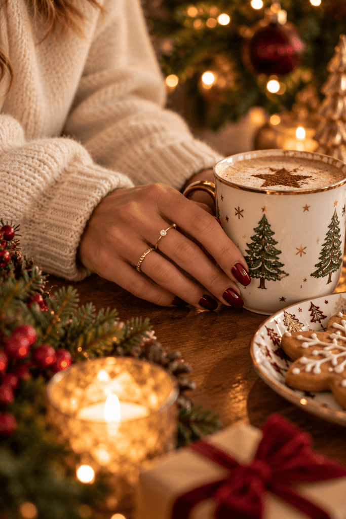 woman's hand resting naturally beside a Christmas coffee cup, short burgundy manicure and delicate gold rings, realistic lifestyle photography